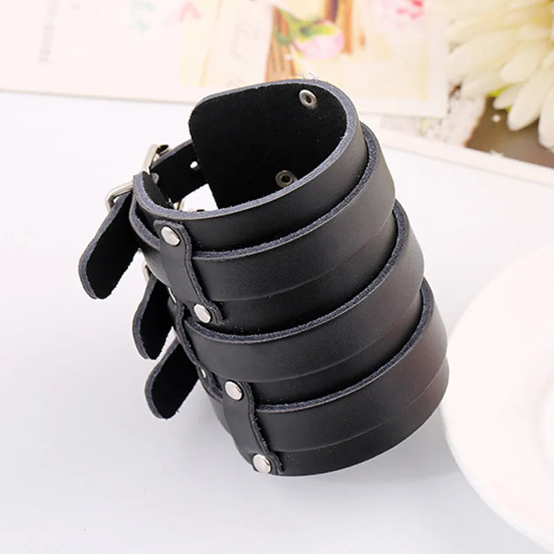 Genuine Leather Wide Cuff Bangle Vintage Three Layers Wide Black