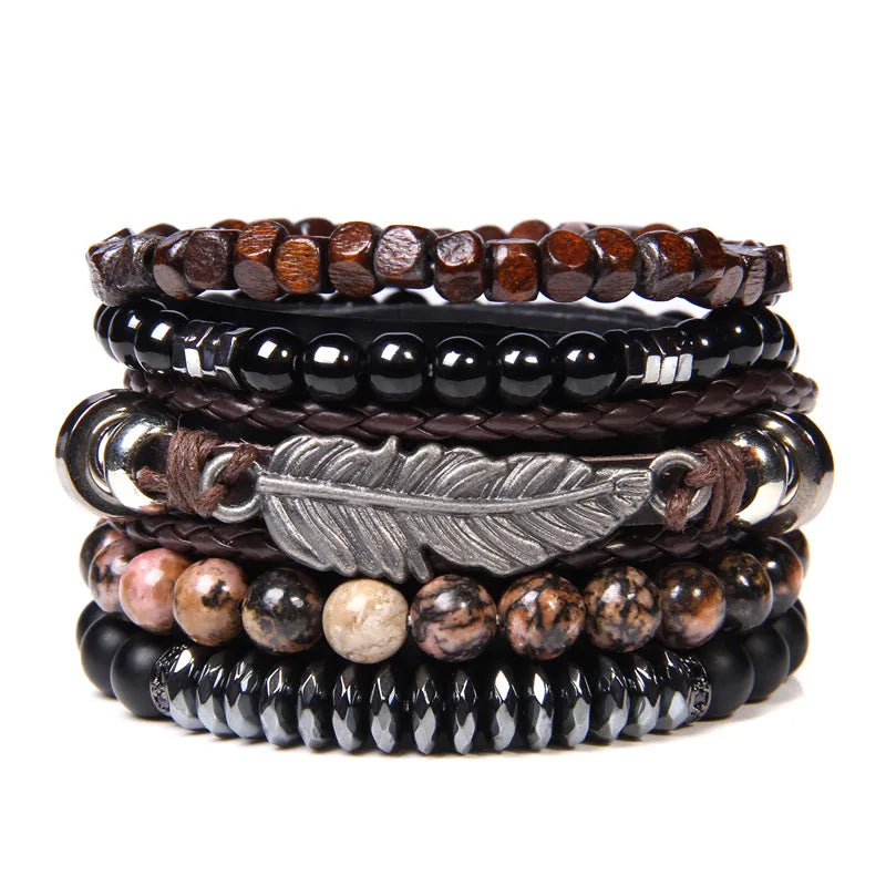 Vintage Multi layer Men Bracelet Natural Stone Lava Beads