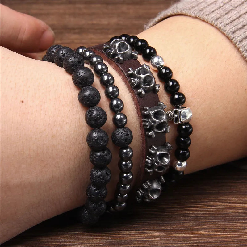 Vintage Multi layer Men Bracelet Natural Stone Lava Beads