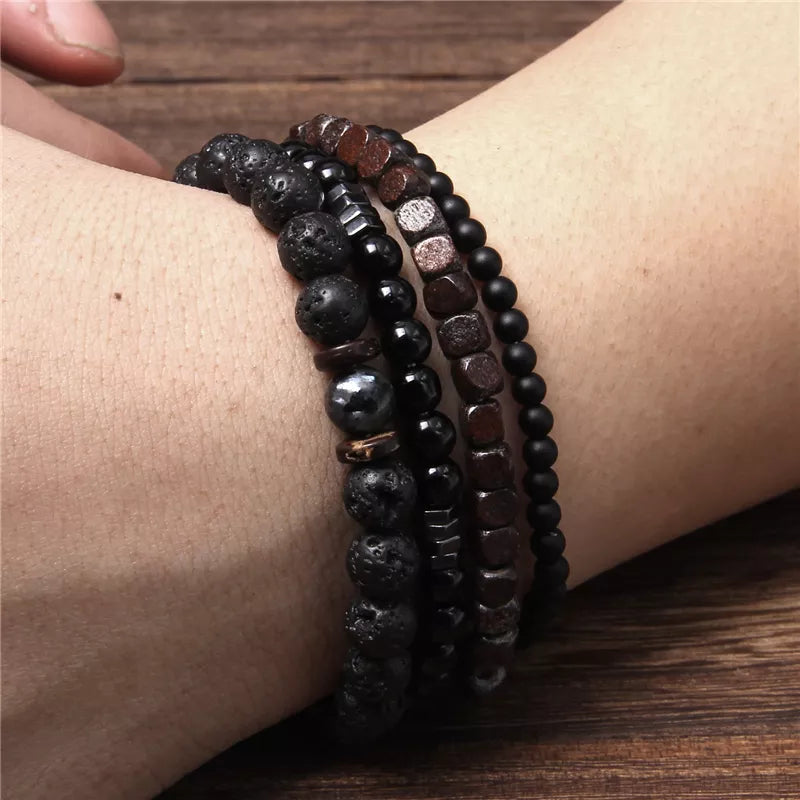 Vintage Multi layer Men Bracelet Natural Stone Lava Beads