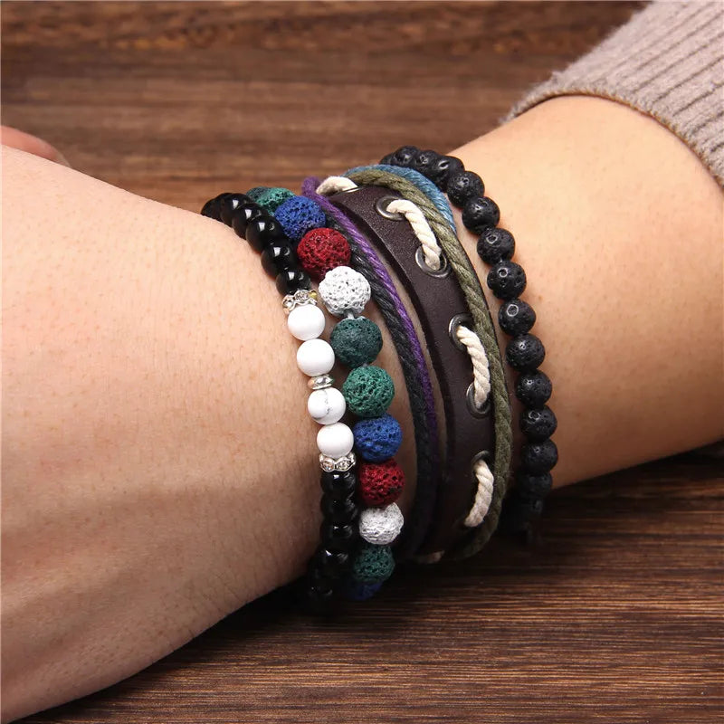 Vintage Multi layer Men Bracelet Natural Stone Lava Beads